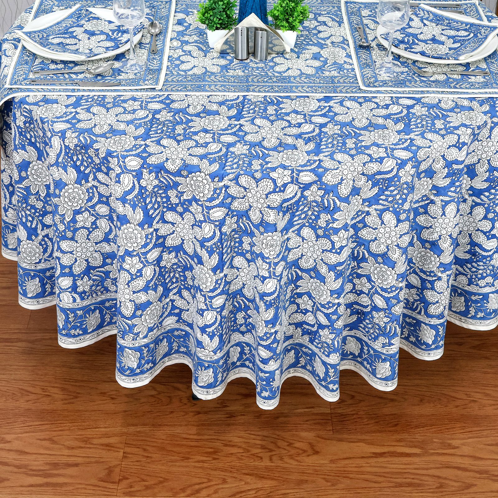 ラウンドクロス 円形クロス テーブルクロス インド綿 コットン エスニック ハンドメイド おしゃれ かわいい ブロックプリント ボタニカル柄 ブルーと白プリント - Image 6