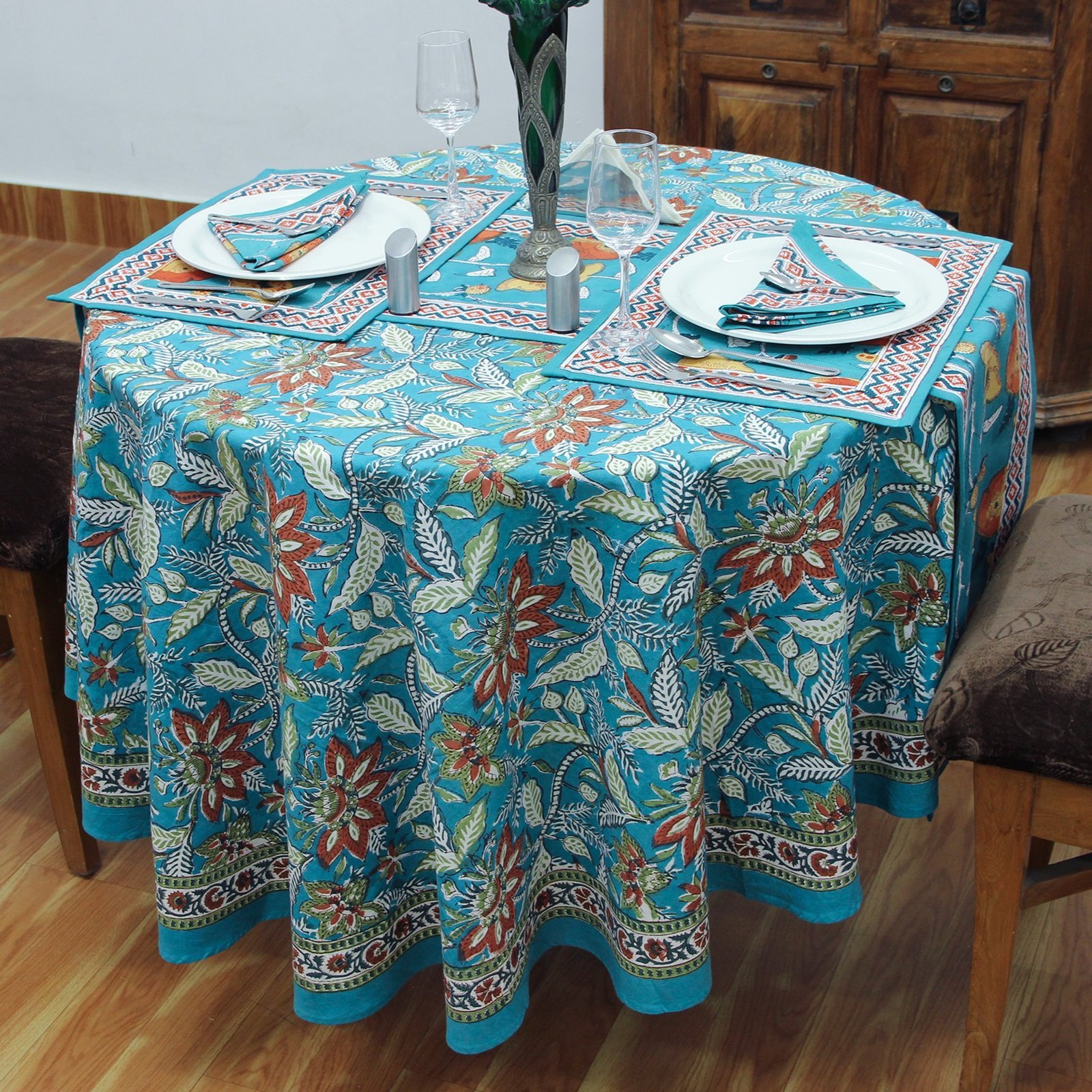 マルチクロス インド綿 ブロックプリントターコイズおしゃれ かわいい 花柄 ラウンドクロス ソファカバー シングルベッ
