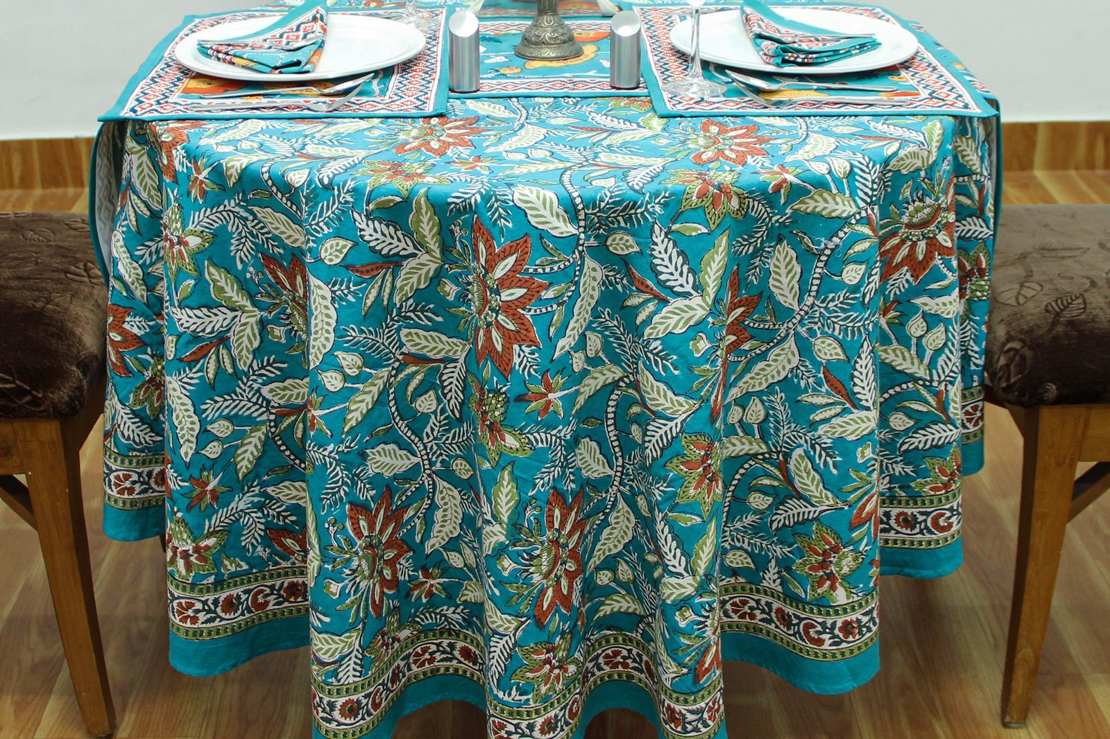 マルチクロス インド綿 ブロックプリントターコイズおしゃれ かわいい 花柄 ラウンドクロス ソファカバー シングルベッ - Image 2