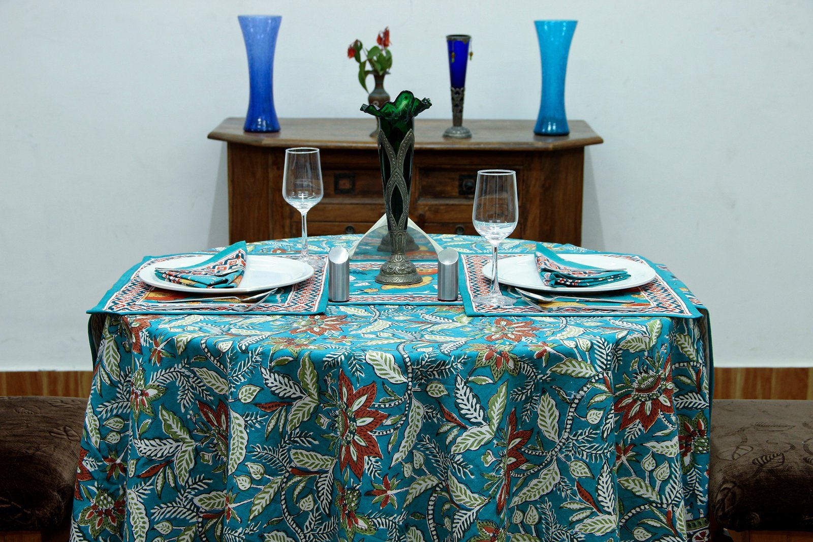 マルチクロス インド綿 ブロックプリントターコイズおしゃれ かわいい 花柄 ラウンドクロス ソファカバー シングルベッ - Image 3