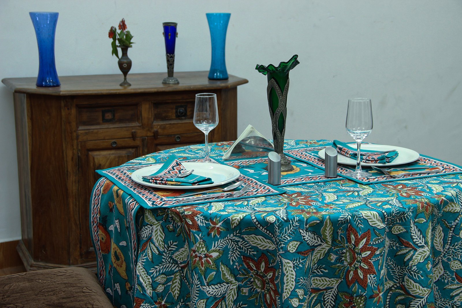 マルチクロス インド綿 ブロックプリントターコイズおしゃれ かわいい 花柄 ラウンドクロス ソファカバー シングルベッ - Image 4