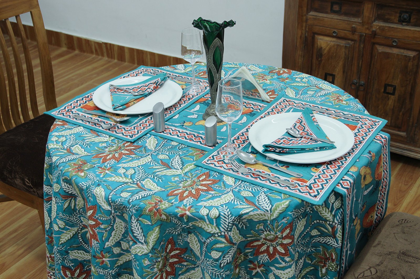 マルチクロス インド綿 ブロックプリントターコイズおしゃれ かわいい 花柄 ラウンドクロス ソファカバー シングルベッ - Image 5