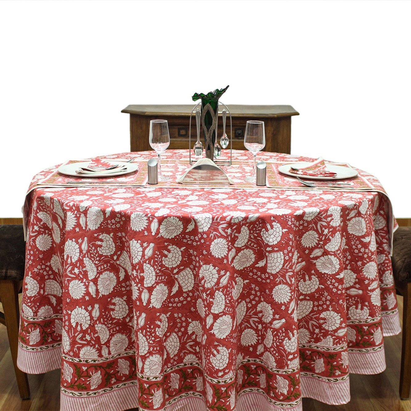 マルチクロス インド綿 ブロックプリントレッド おしゃれ かわいい 花柄ラウンドクロス アマービレブロックプリントソファカバー シングルベッドカバー エシカル ハンドメイド インド雑貨 アジア雑貨 ボタニカル