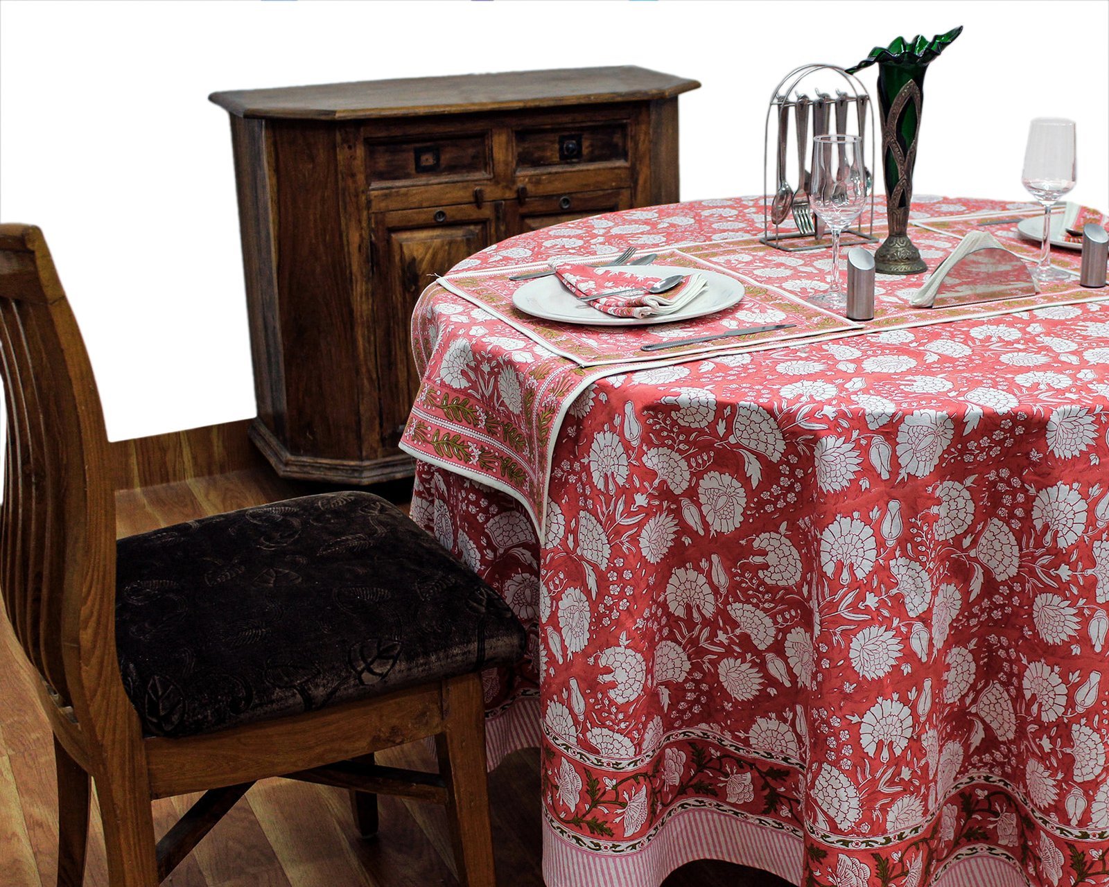 マルチクロス インド綿 ブロックプリントレッド おしゃれ かわいい 花柄ラウンドクロス アマービレブロックプリントソファカバー シングルベッドカバー エシカル ハンドメイド インド雑貨 アジア雑貨 ボタニカル - Image 2