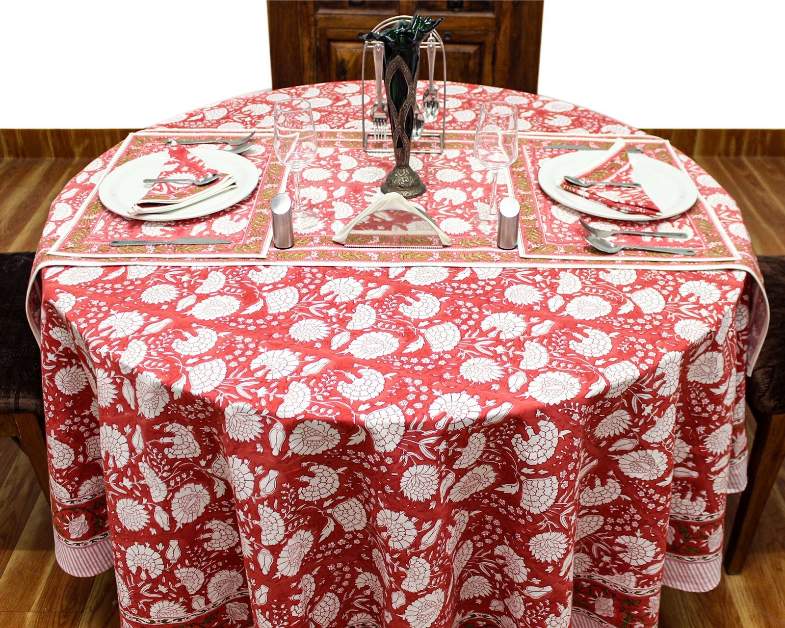 マルチクロス インド綿 ブロックプリントレッド おしゃれ かわいい 花柄ラウンドクロス アマービレブロックプリントソファカバー シングルベッドカバー エシカル ハンドメイド インド雑貨 アジア雑貨 ボタニカル - Image 5