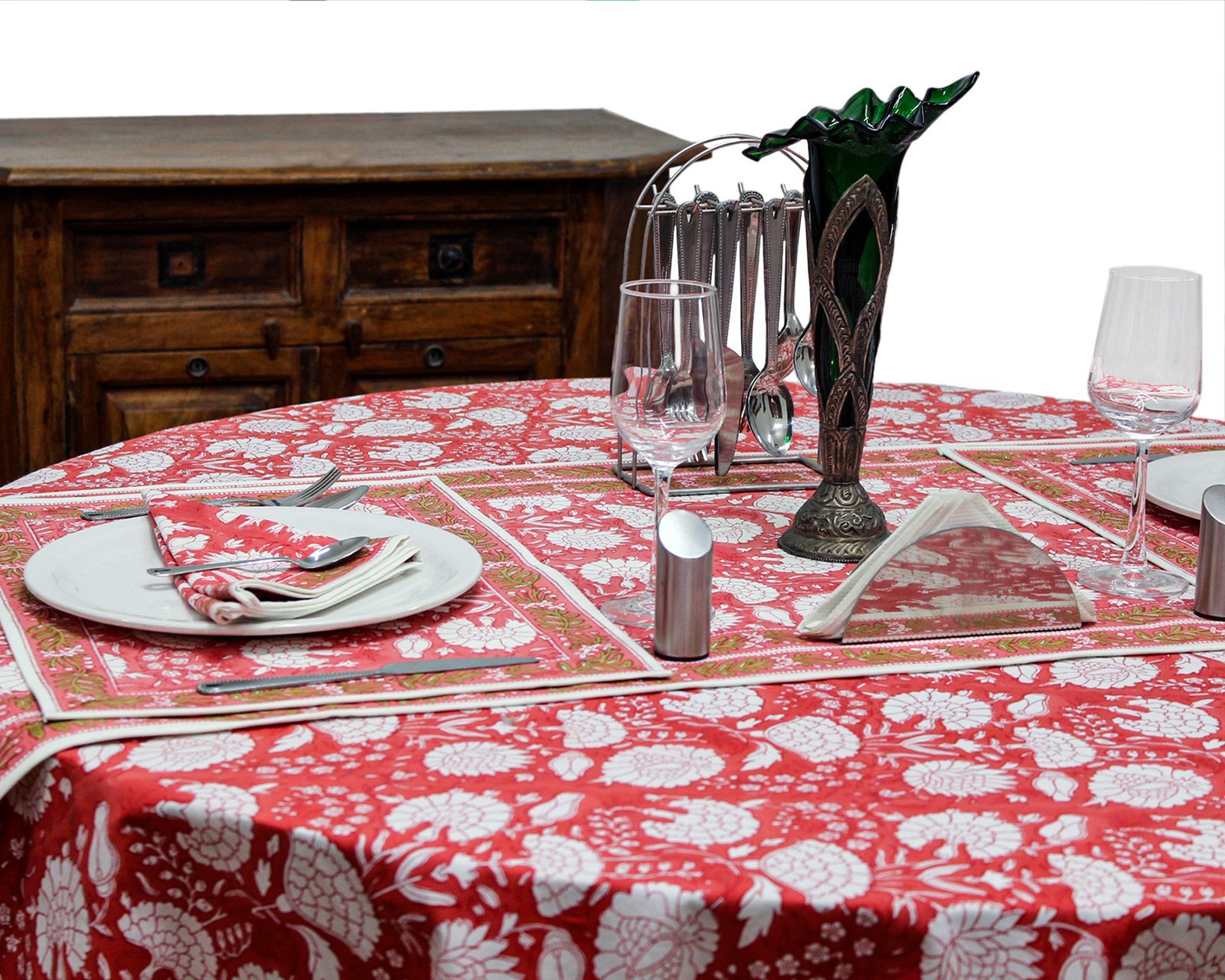 マルチクロス インド綿 ブロックプリントレッド おしゃれ かわいい 花柄ラウンドクロス アマービレブロックプリントソファカバー シングルベッドカバー エシカル ハンドメイド インド雑貨 アジア雑貨 ボタニカル - Image 6