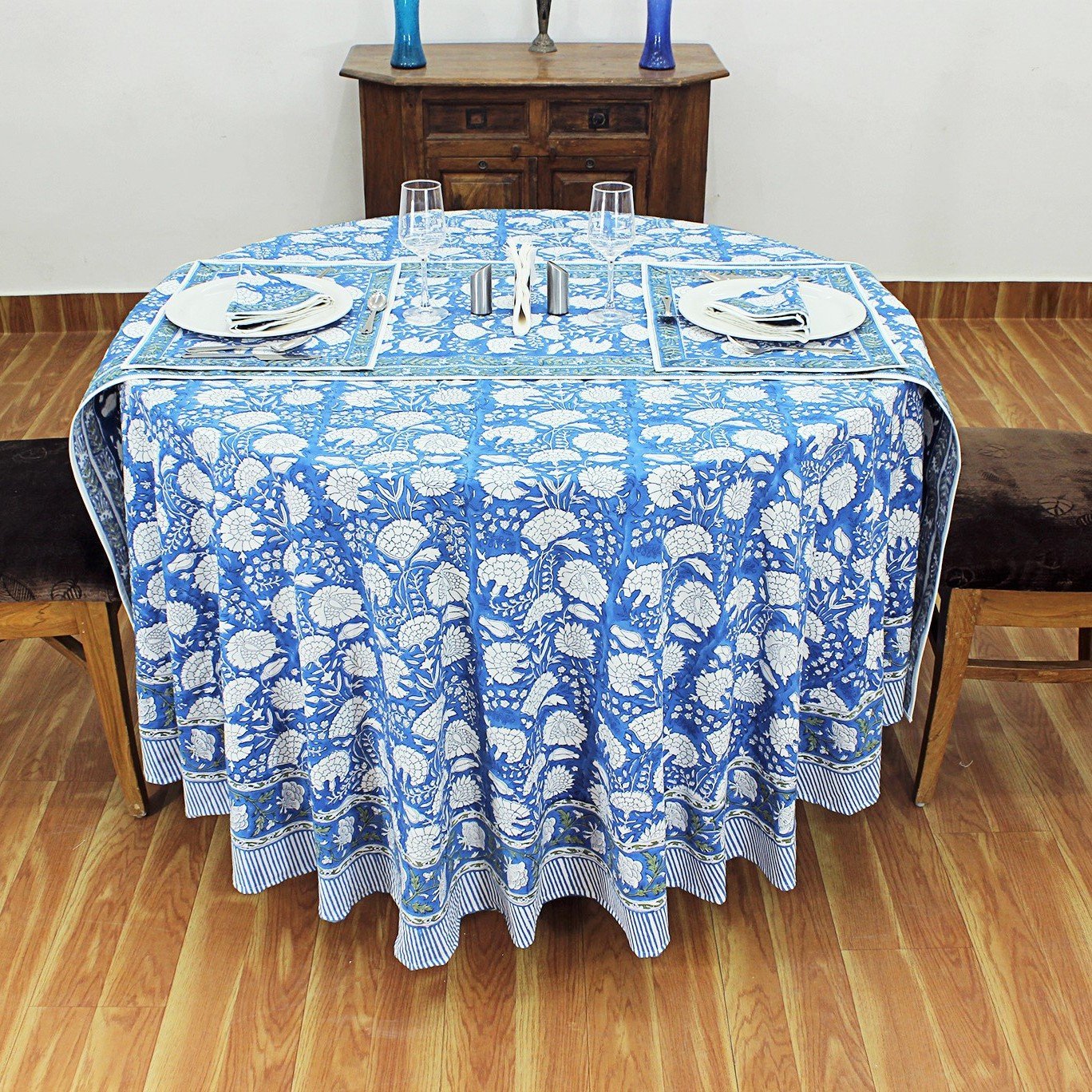 ラウンドクロス 円形クロス テーブルクロス インド綿 コットン エスニック ハンドメイド おしゃれ かわいい ブロックプリント ボタニカル柄 ブルー プリント