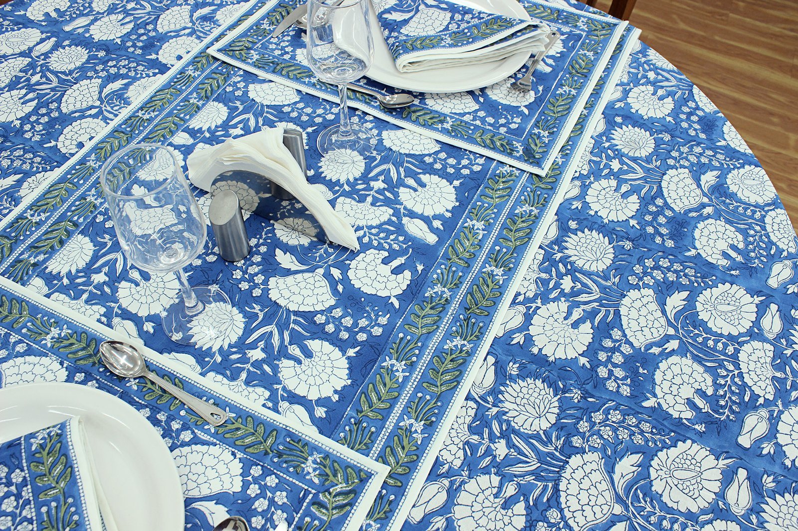 ラウンドクロス 円形クロス テーブルクロス インド綿 コットン エスニック ハンドメイド おしゃれ かわいい ブロックプリント ボタニカル柄 ブルー プリント - Image 2