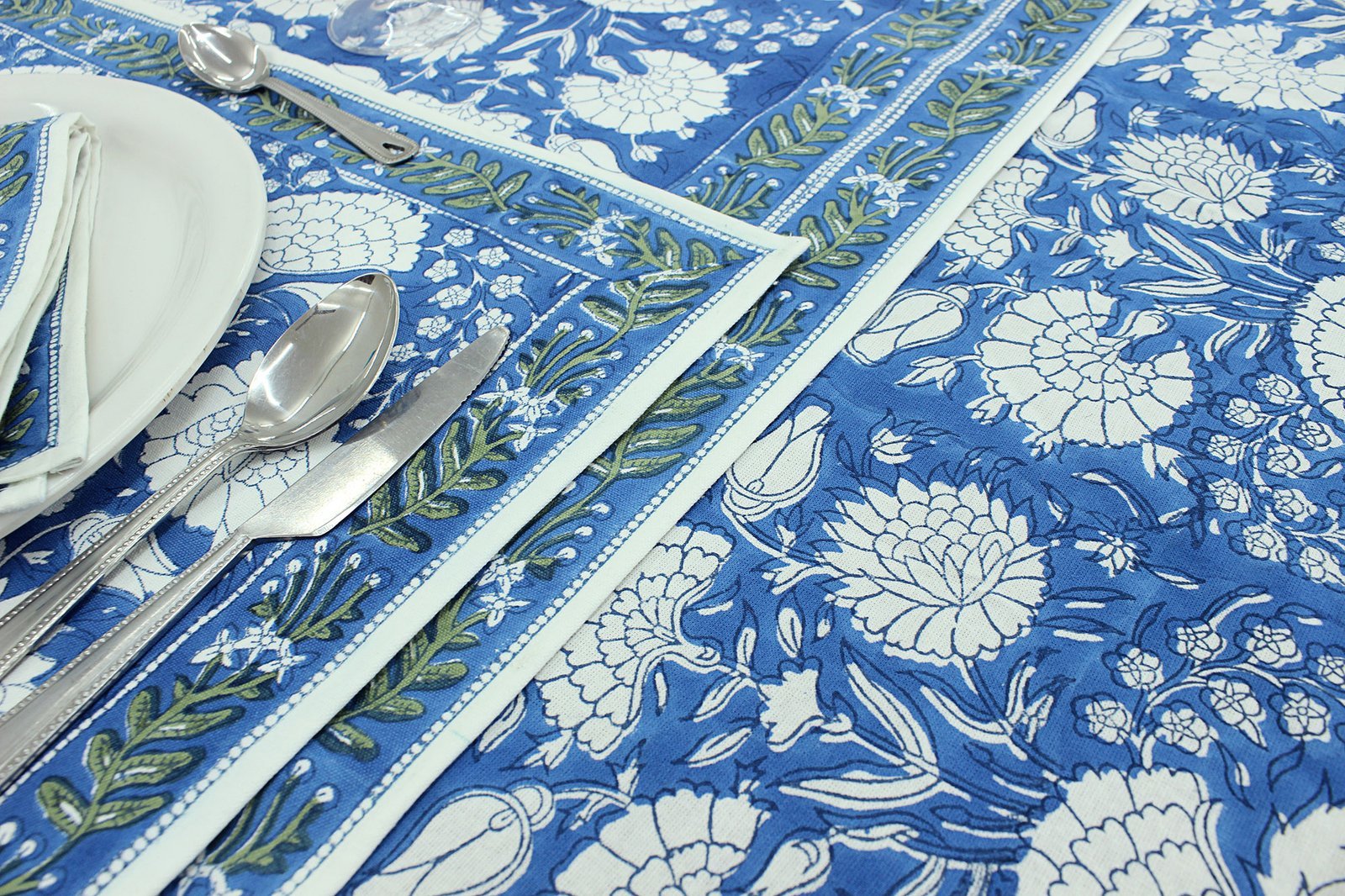 ラウンドクロス 円形クロス テーブルクロス インド綿 コットン エスニック ハンドメイド おしゃれ かわいい ブロックプリント ボタニカル柄 ブルー プリント - Image 3