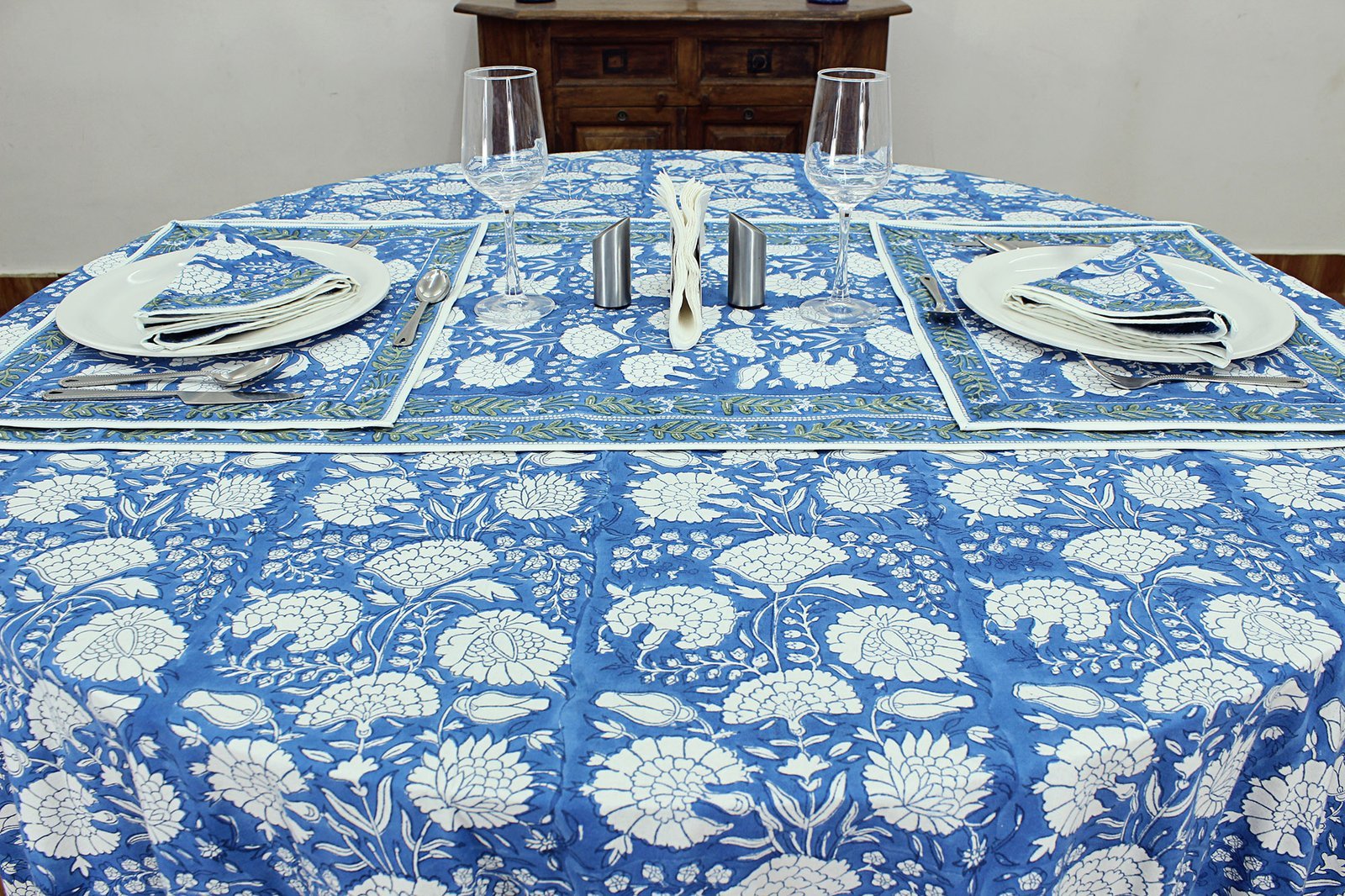 ラウンドクロス 円形クロス テーブルクロス インド綿 コットン エスニック ハンドメイド おしゃれ かわいい ブロックプリント ボタニカル柄 ブルー プリント - Image 4