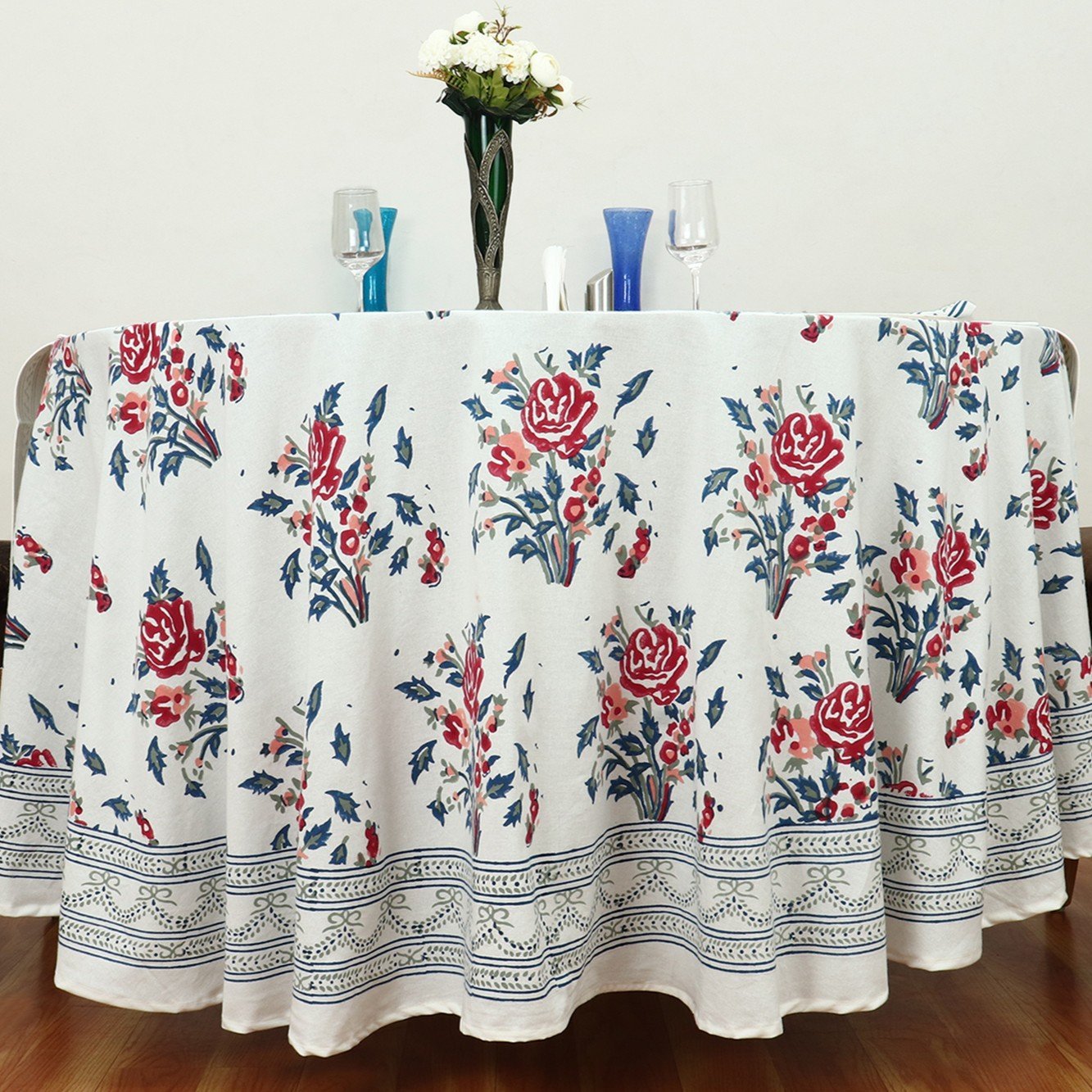 ラウンドクロス 円形クロス テーブルクロス インド綿 コットン エスニック ハンドメイド おしゃれ かわいい ブロックプリント ボタニカル柄 プリント