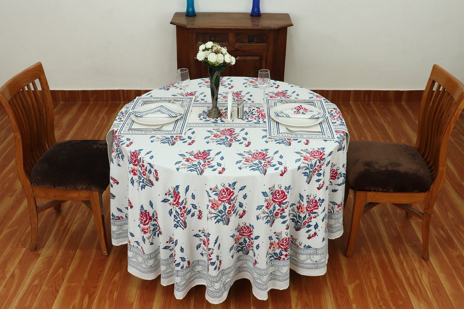 ラウンドクロス 円形クロス テーブルクロス インド綿 コットン エスニック ハンドメイド おしゃれ かわいい ブロックプリント ボタニカル柄 プリント - Image 3