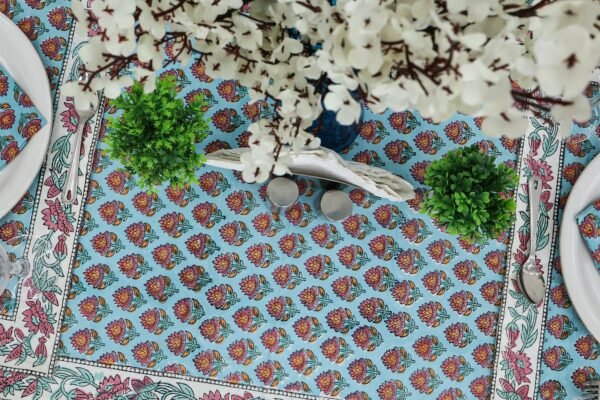 インド 木版染め(ブロックプリント) テーブルクロス 花柄 プレゼント アジアンインド更紗 インド綿 ハンドメイド エスニック インテリア コットン - Image 6